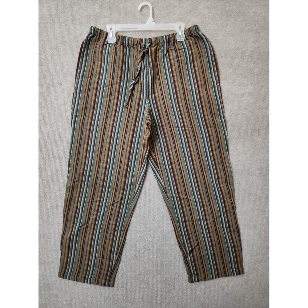 Orvis Shoreline Linen Pants Womens L Petite Brown Stripe Drawstring NEW
